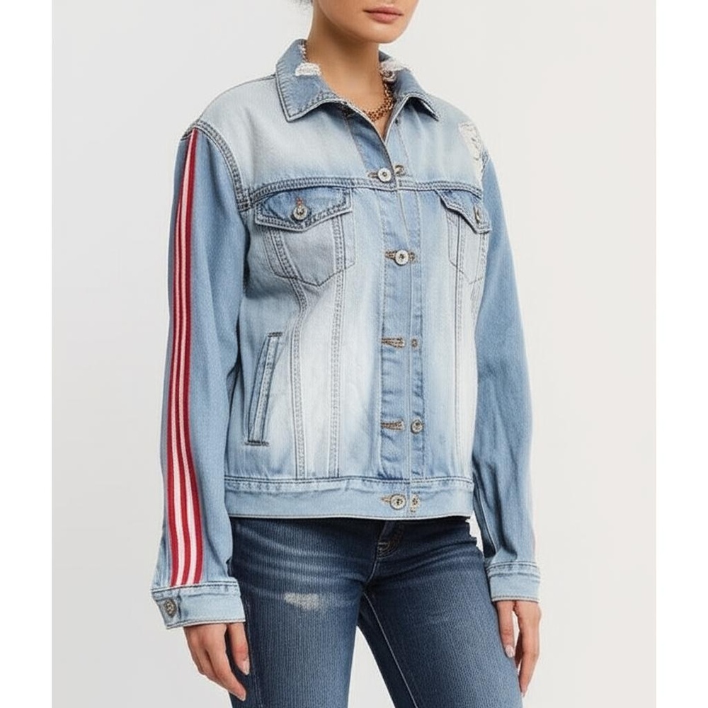 KanCan Womens Denim Jacket M Light Blue Distressed Striped Streetwear - Picture 2 of 10